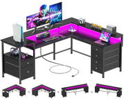 L-Shaped Gaming Desk with Drawers, Power Outlets & LED Lights