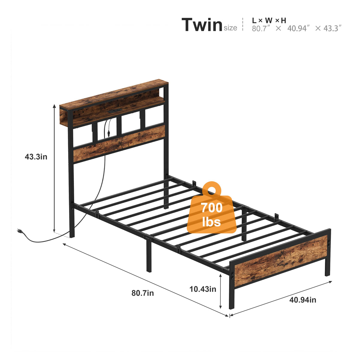 YOSEZON Twin Bed Frame with Headboard and Storage Shelf, Metal Platform Bed Frame with Charging Station, LED Lights, Noise-Reducing, No Box Spring Needed, Rustic Brown