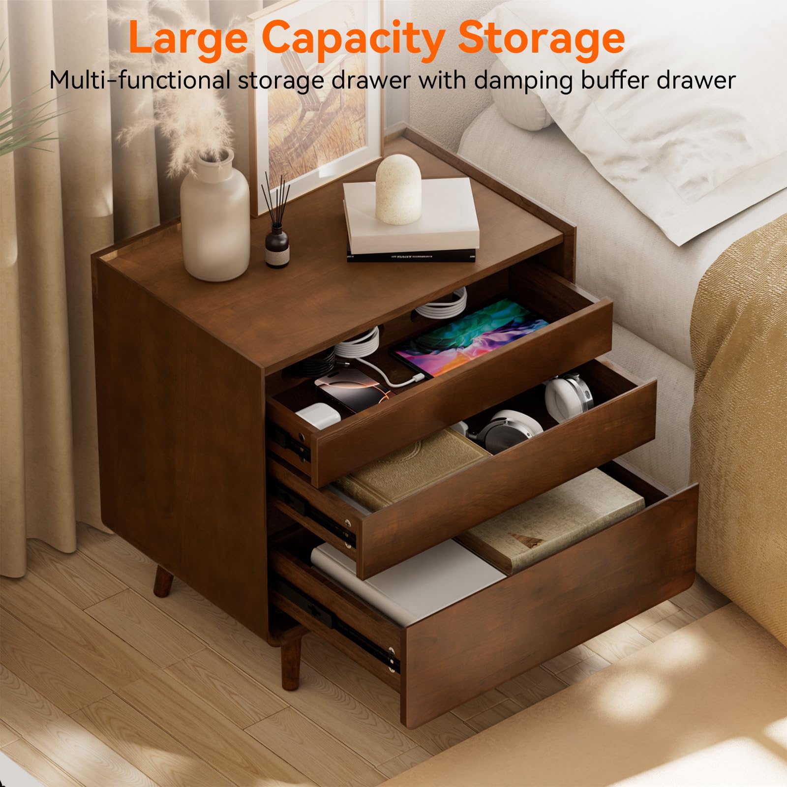 Mid-Century Modern Nightstand with Charging Drawer