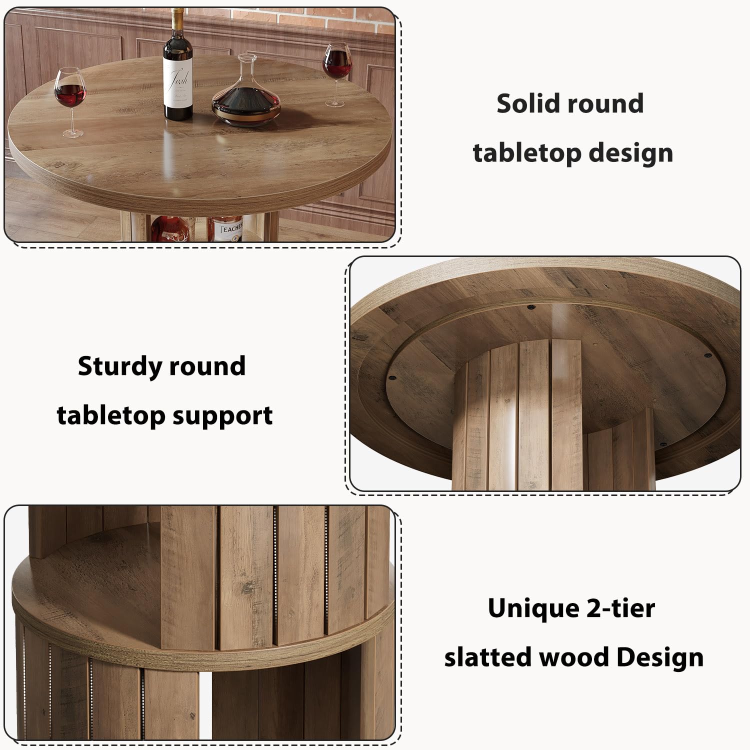 HSH Round Bar Table, 39.37" H Wood Pub Table with Storage & Metal Footrest, Modern Rustic Bar Height Bistro Cocktail Table for Coffee Bar, Kitchen Dining Room, Small Space, Rustic Oak (Table Only)