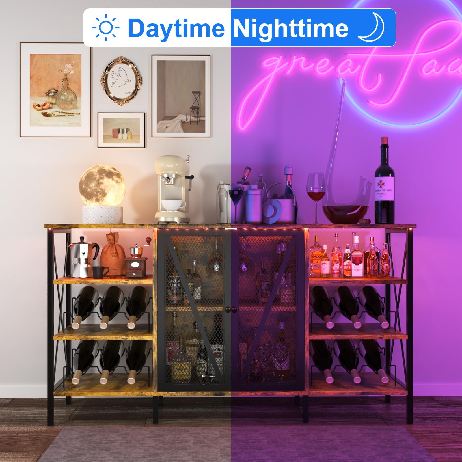 Wine Bar Cabinet with LED Light & Wine Rack