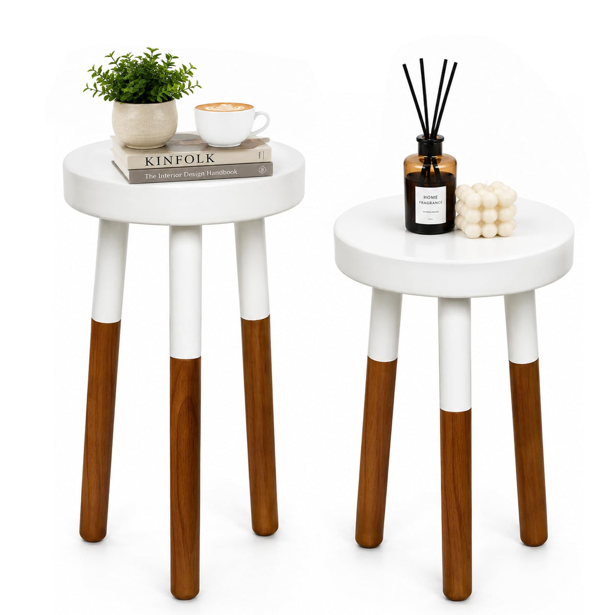 LitaEther Modern Side Table Set of 2, Solid Wood Accent Table,12" D x 12" W x 20" H & 12" D x 12" W x 18" H Small End Table for Living Room Bedroom, Plant Stand, Bathroom Stool, Pedestal Drink Table
