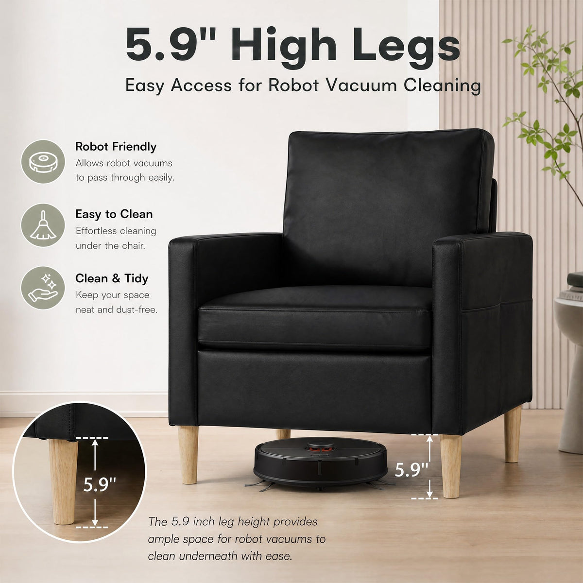 Black Faux Leather Accent Chair Set of 2, Modern Armchair for Living Room