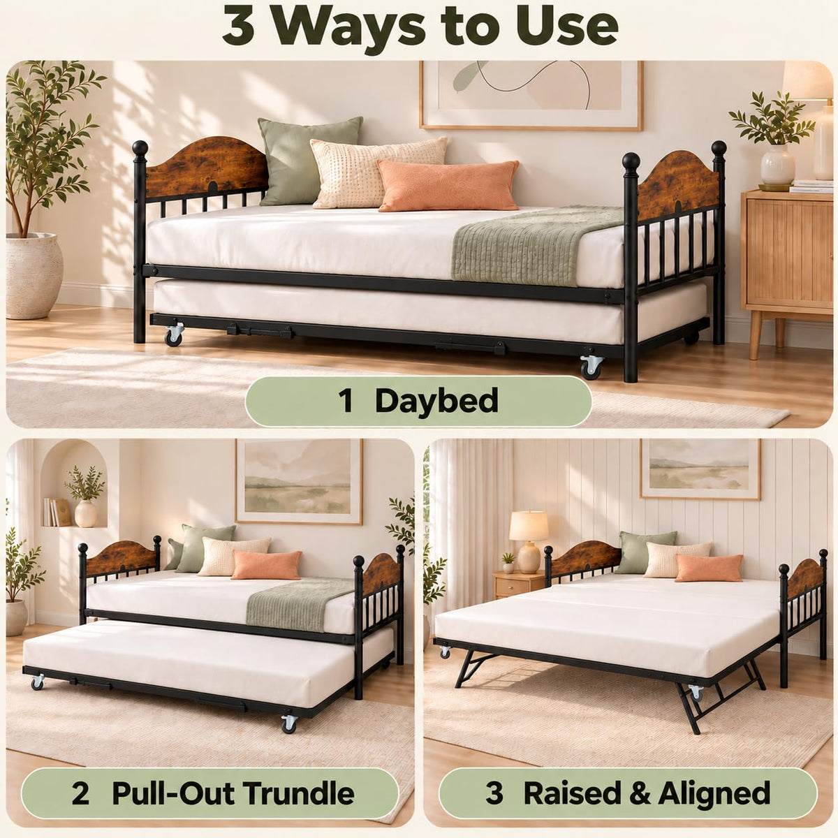 IDEALHOUSE Twin Daybed with Trundle, Foldable Pop Up Metal Twin Bed Frame