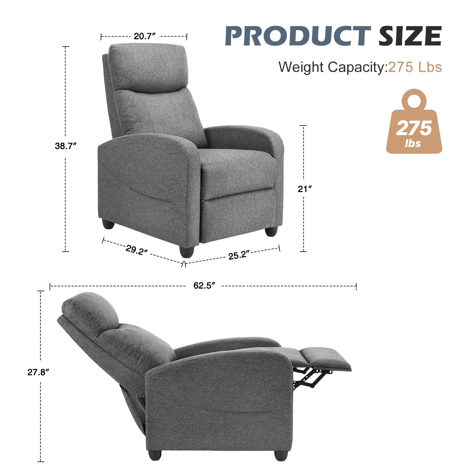 Sweetcrispy Massage Recliner Chair for Adults, Adjustable Home Theater Seating with Lumbar Support for Living Room, Modern Fabric Reclining for Small Space, Grey