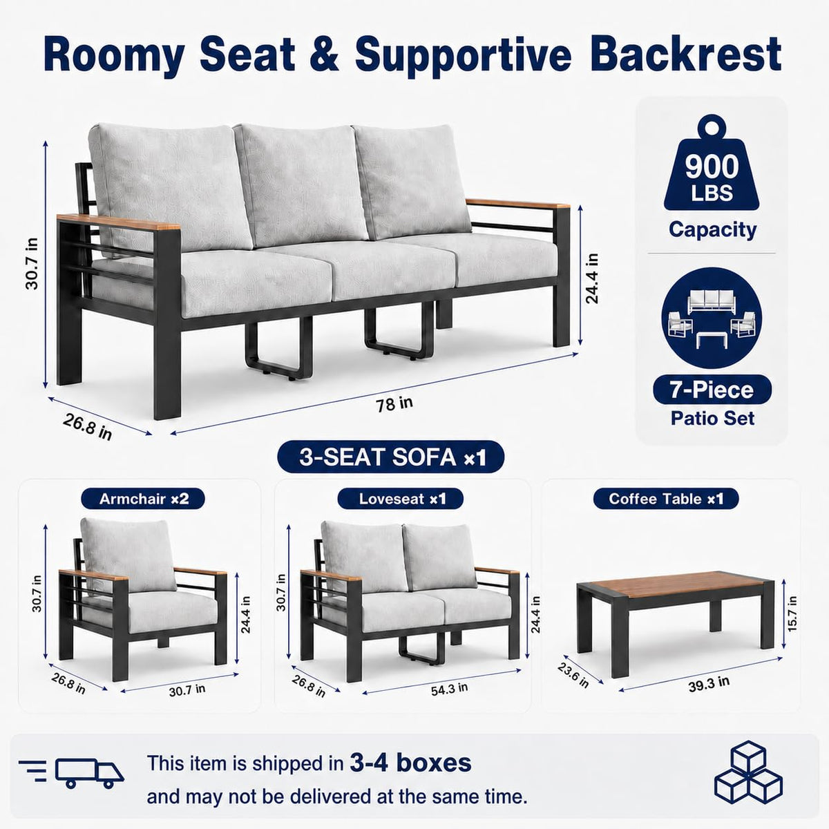 Relax Tree Aluminum Outdoor Patio Furniture, 5 Piece 7-Seat Conversation Set with 2 Chairs, Loveseat, 3-Seat Sofa and Coffee Table, Thick Cushions, Waterproof Covers, Gray