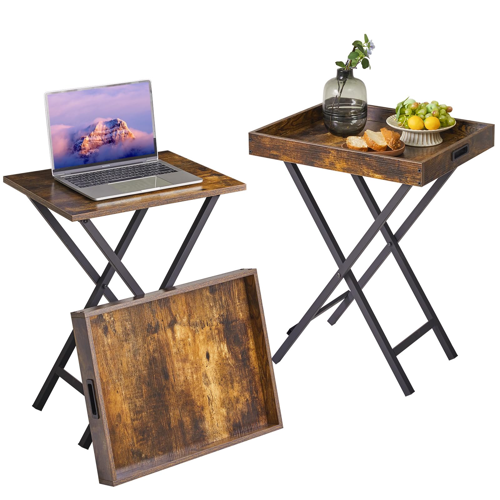 Foldable TV Tray Set of 2 with Removable Serving Tray