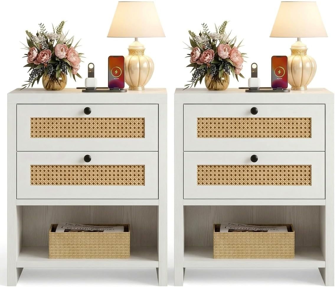 LIKIMIO Rattan Nightstand, 23inch Large White Nightstands Set of 2 with 2 Drawers and Charging Station, Boho Night Stand with Open Shelf for Bedroom, White Oak