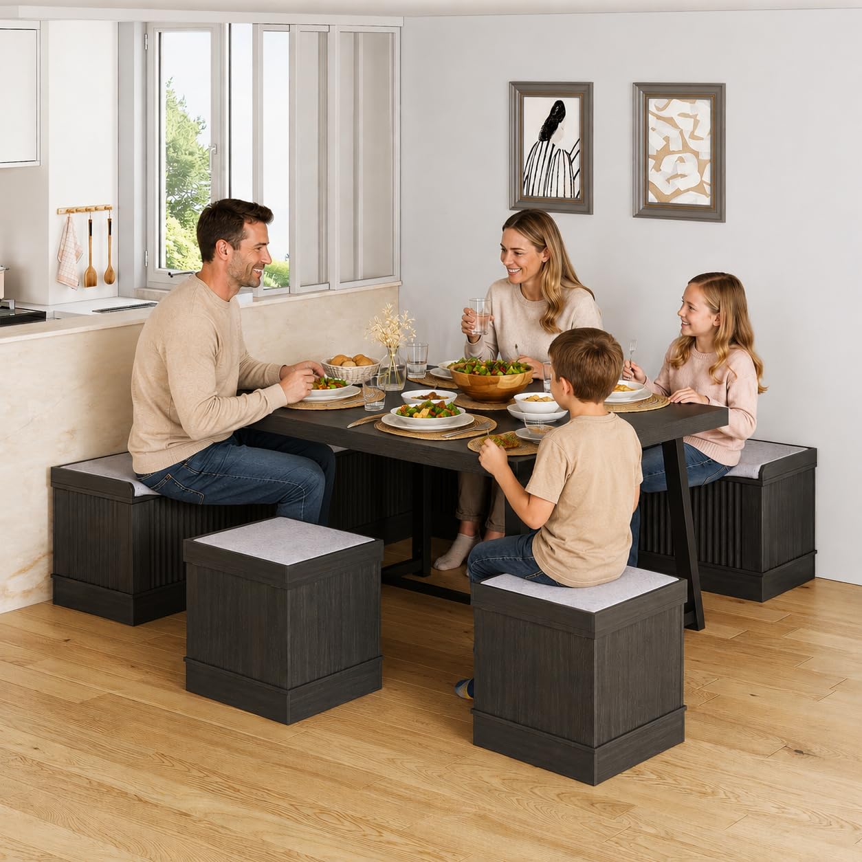 XIAO WEI Corner Dining Table Set, 6-Piece Breakfast Nook Dining Set with Storage Bench and Stools, 47" Banquette Seating for Small Space, Apartment Kitchen & Dining Room, Brown Wood