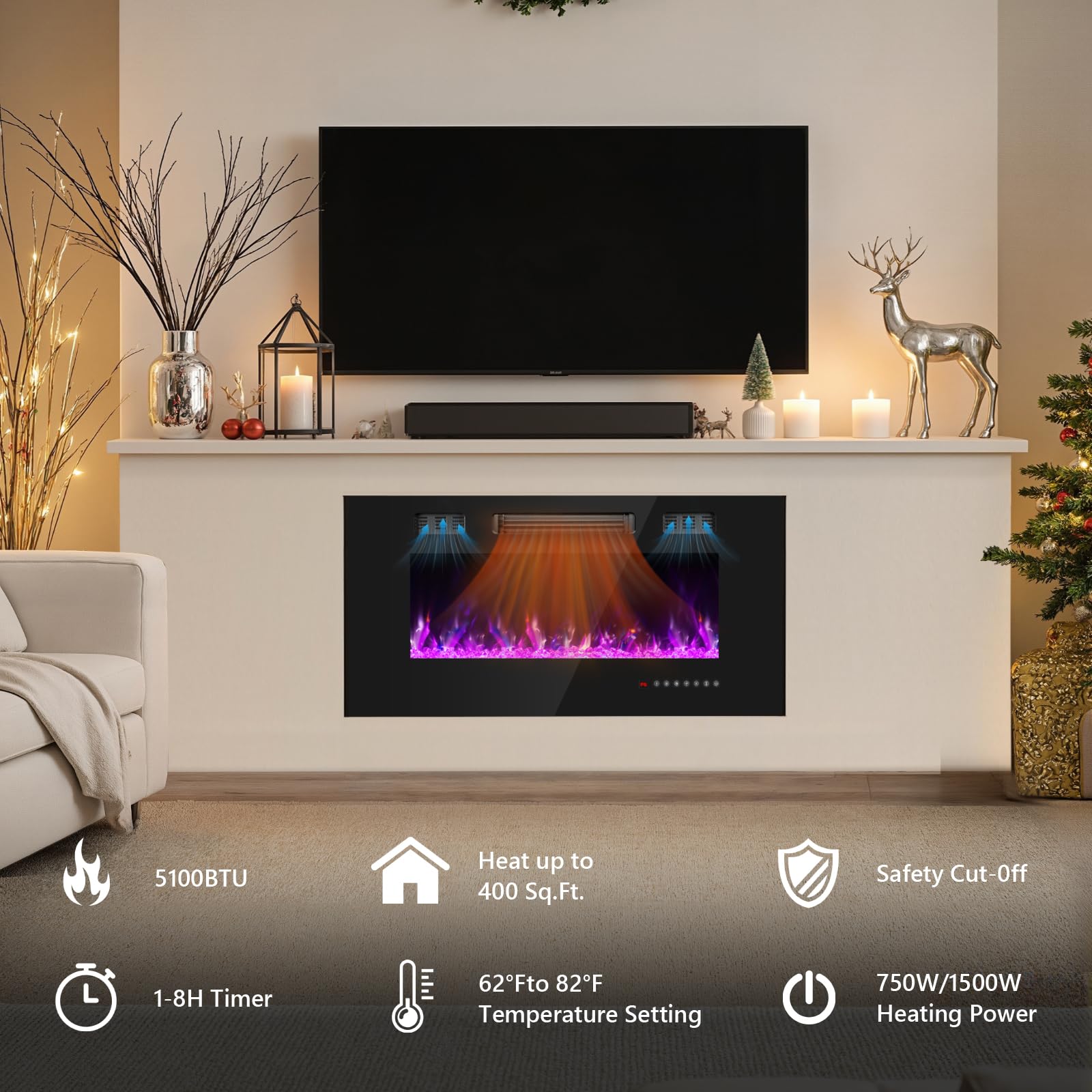 36 Inch Electric Fireplace with Crystal, Electric Fireplaces Insert, Wall Mounted/Recessed Fireplace with Remote Control, 12-Color Flame, Brightness & Speed