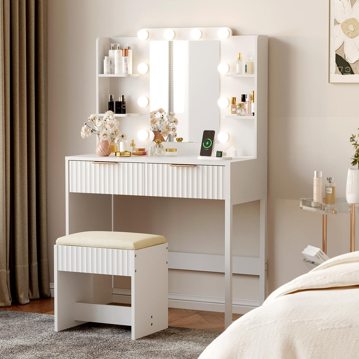 VINGLI Fluted Makeup Vanity Desk with Mirror and Lights and Stools, Small Vanity Table with Bench Chair & 2 Drawers & 4 Storage Shelves, White Dressing Table Set for Girls Bedroom