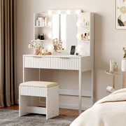 VINGLI Fluted Makeup Vanity Desk with Mirror and Lights and Stools, Small Vanity Table with Bench Chair & 2 Drawers & 4 Storage Shelves, White Dressing Table Set for Girls Bedroom