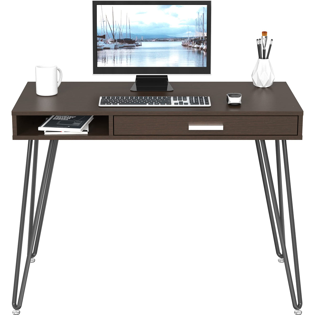 SHW Home Office Computer Hairpin Leg Desk with Drawer, Espresso