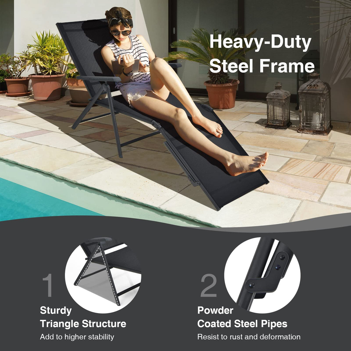 COSTWAY Folding Chaise Lounge, Lightweight & Breathable Fabric