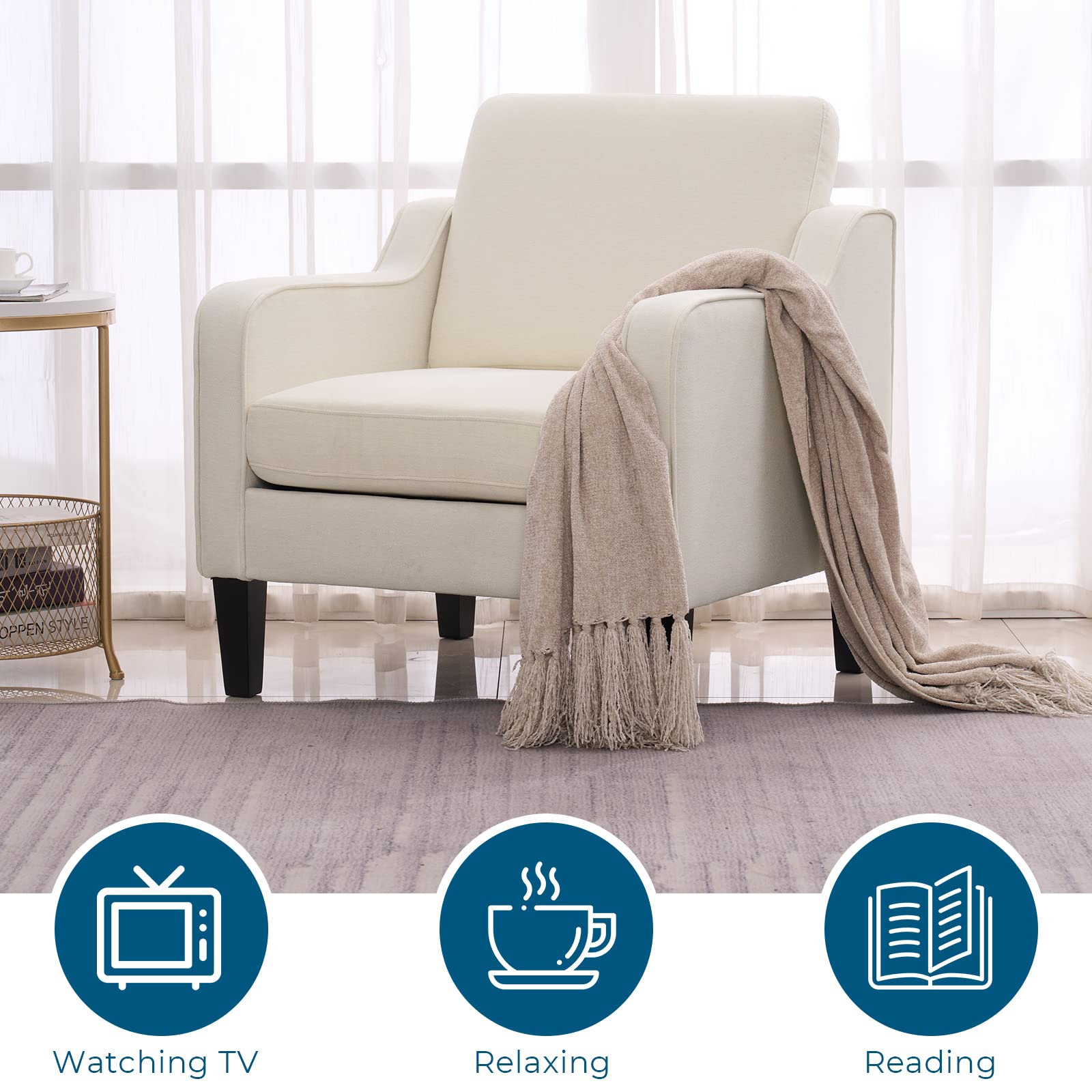 VINGLI Mid Century Modern Accent Chair, Beige Fabric Accent Chairs for Living Room Upholstered Armchair Sofa with Scooped Arms for Bedroom, Apartment, Studio, Office, Waiting Room