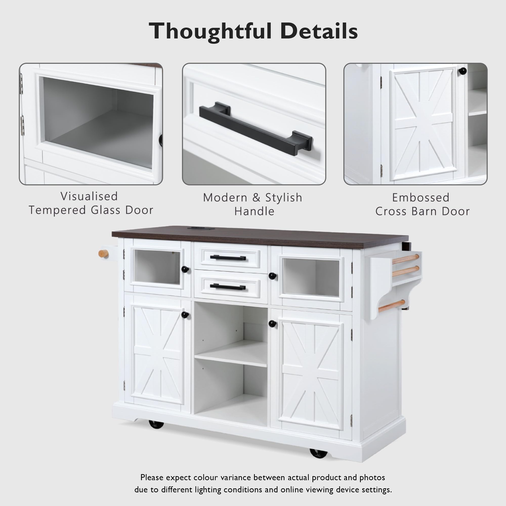 PurityVow 54.9" Rolling Kitchen Island with Drop Leaf, Power Outlet, Kitchen Storage Cart with 4 Door Shelves, Cross Barn Doors & Visual Glass Door, Kitchen Island Table On Wheels for Kitchen (White)