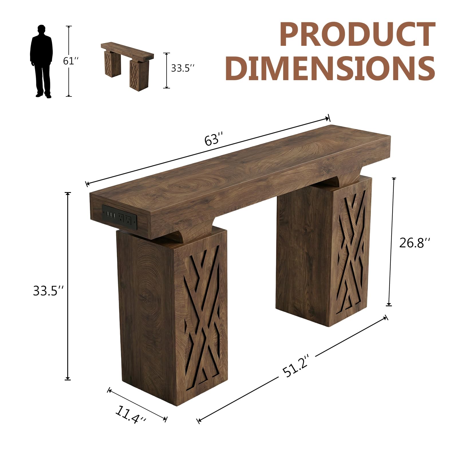 Foxemart 63-Inch Modern Console Table with LED & Outlet, Farmhouse Entryway Table with Geometric Base, Solid Wood-Grain Sofa Table Behind Couch, Narrow Accent Table for Hallway, Cracked Oak