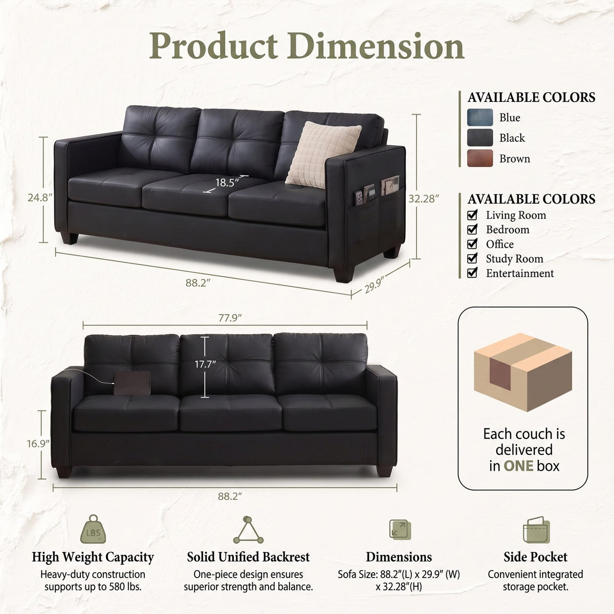 3-Piece Leather Living Room Set, Living Room Furniture for Office,Black