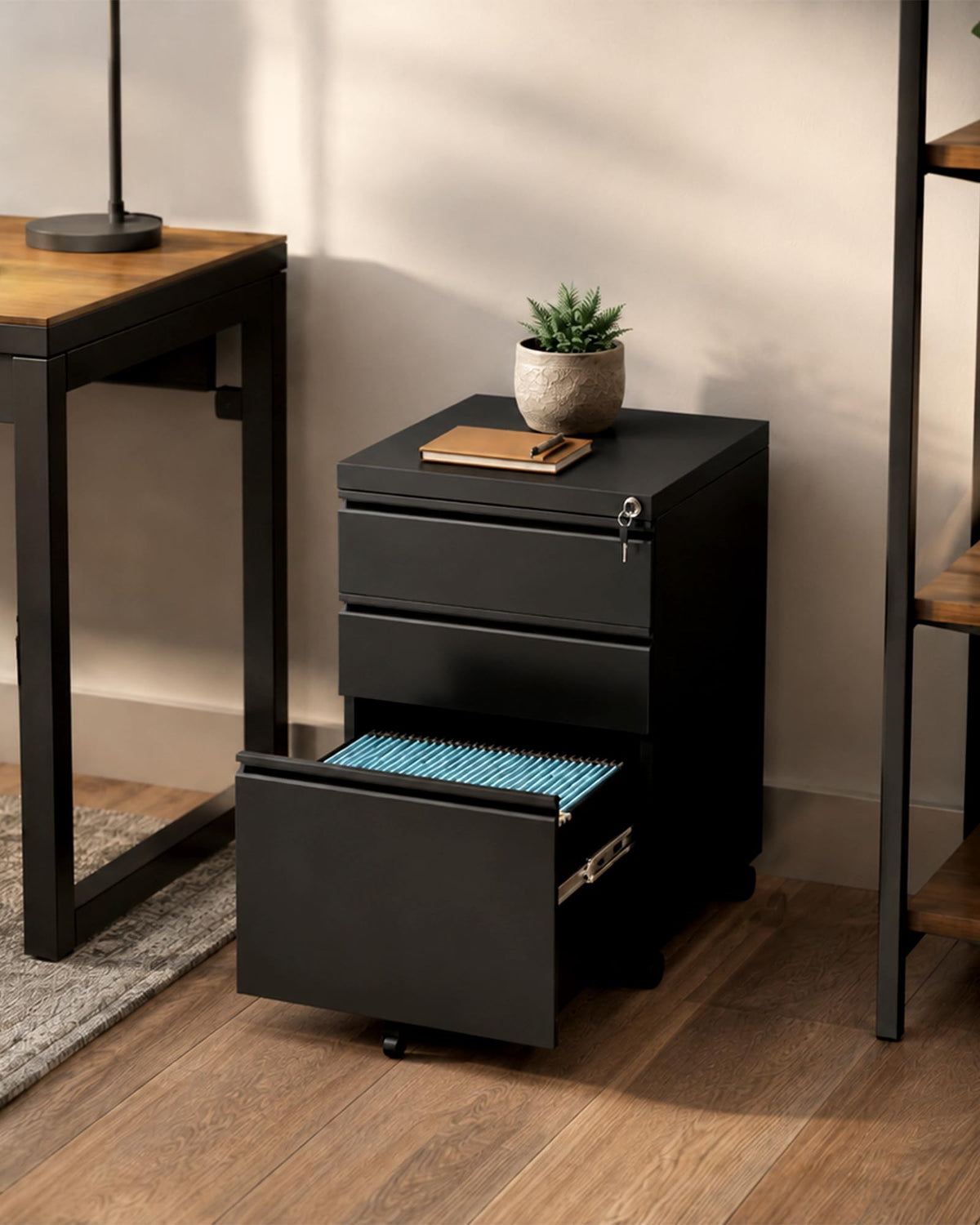 Fully Assembled 3-Drawer Mobile File Cabinet with Lock, Under Desk Storage
