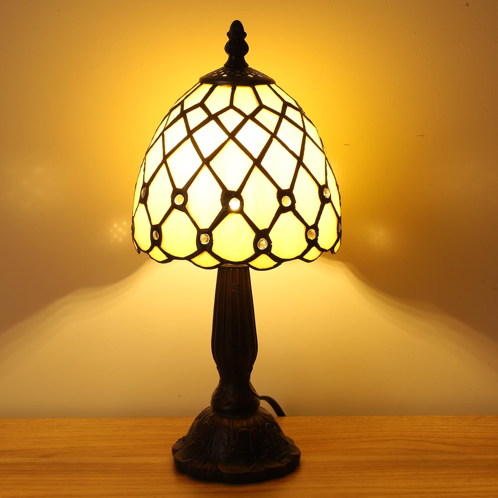 KALOUFUL Small Tiffany Style Table Lamp,3 Color Temperature Beads Light Gold Stained Glass Table Lamps for Living Dining Room,Bedroom,Bedside Nightstand Night Light+LED E12 Bulb,6X6X13Inch