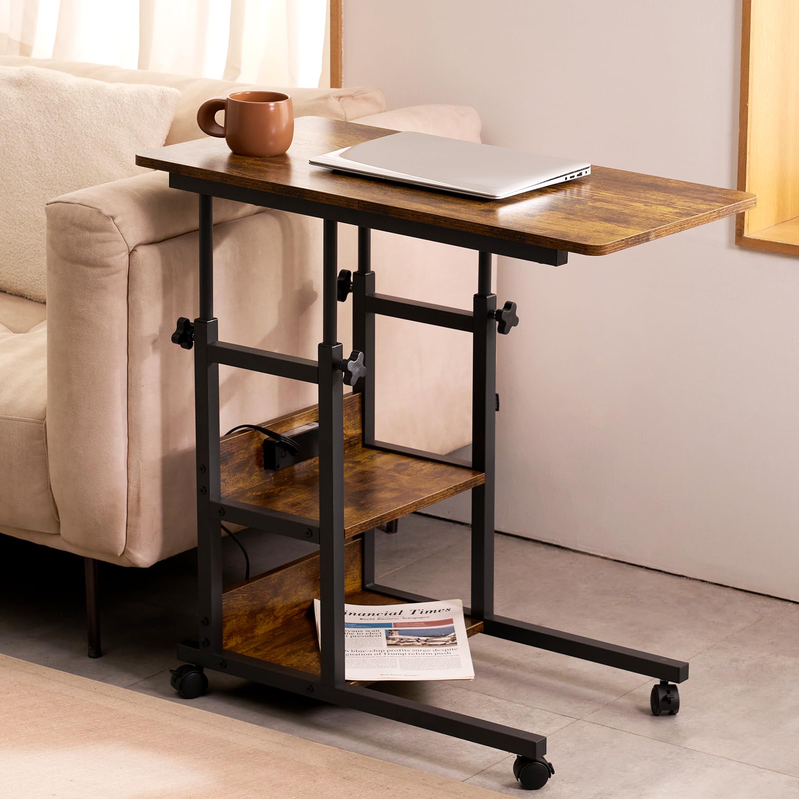 Armocity C Shaped End Table Height Adjustable - Couch Side Table with Charging Station, TV Tray with Wheels Slide Under Sofa for Small Spaces, Living Room Bedroom, Rustic Brown