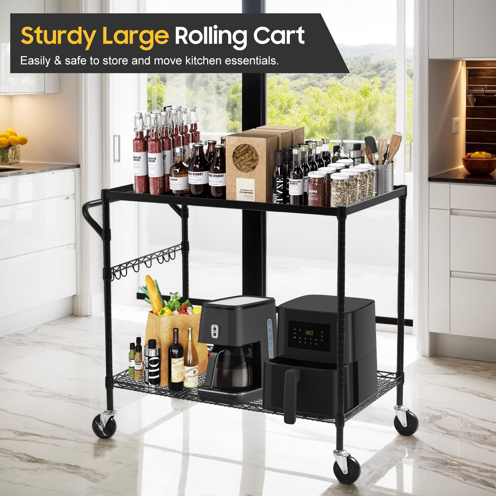 WDT 2-Tier Utility Cart with Wheels, Metal Cart with 1000LBS Capacity, NSF Heavy Duty Rolling Cart, Commercial Grade Serving Tool Storage Carts for Warehouse Garage Kitchen, 24"D x 40"W x 39"H, Black