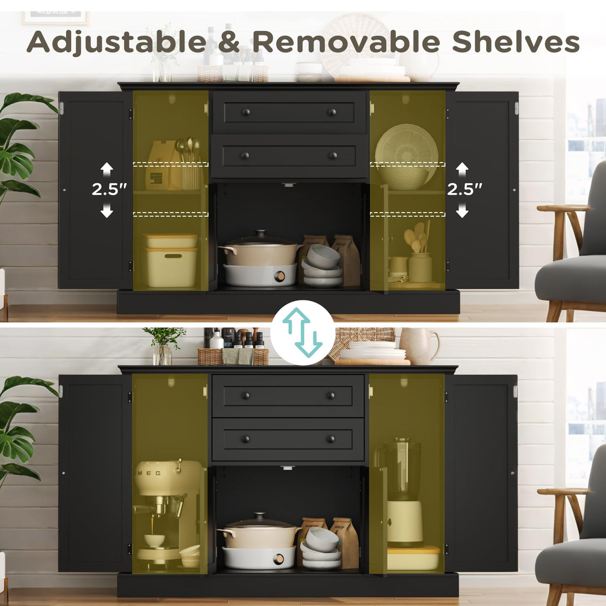 DecoFurn Farmhouse 47" Buffet Cabinet with Storage,Large Sideboard Buffet with Drawers and Adjustable Shelves, Rusitc Coffee Bar Cabinet for Kitchen, Black