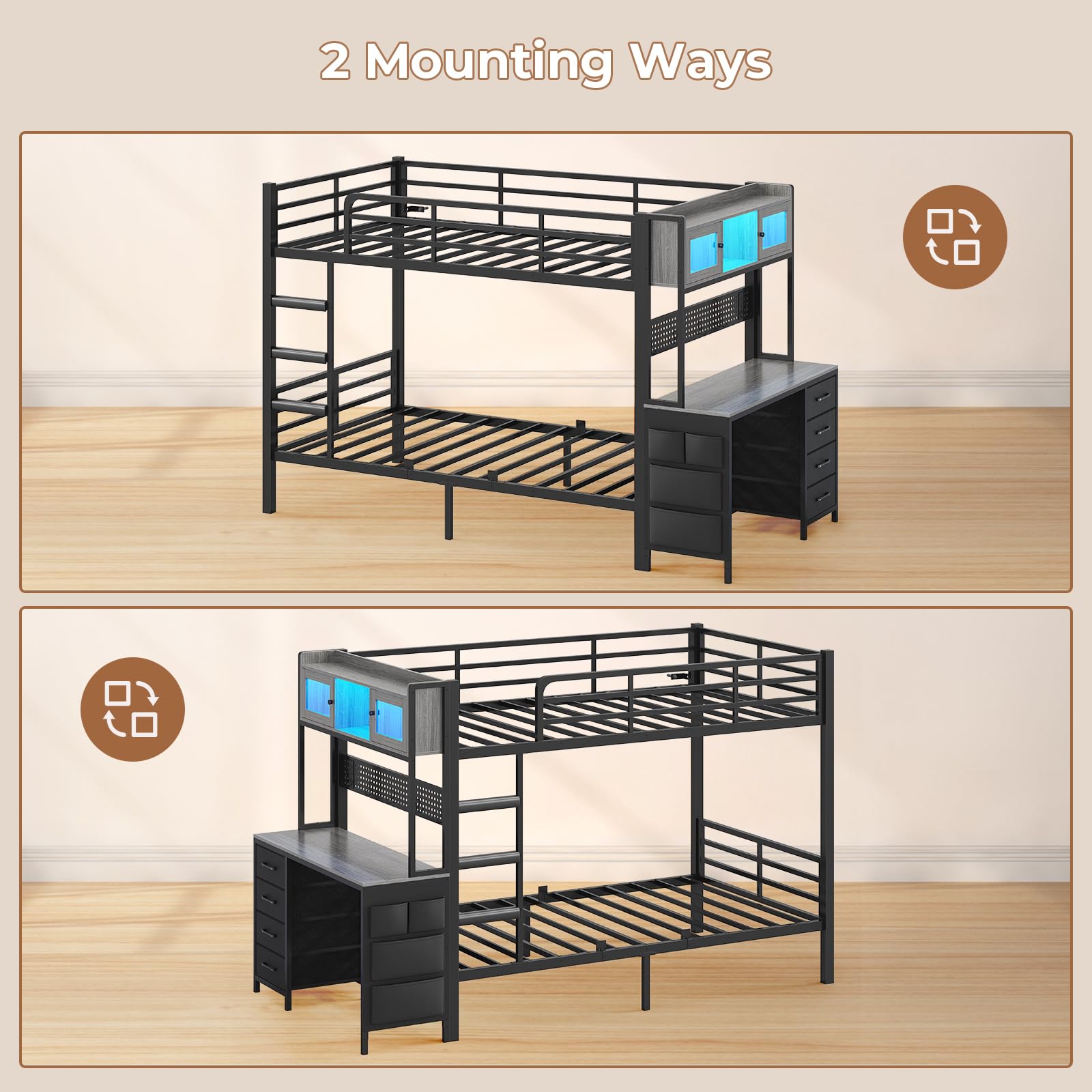 Twin Over Twin Bunk Bed with Desk & LED Light