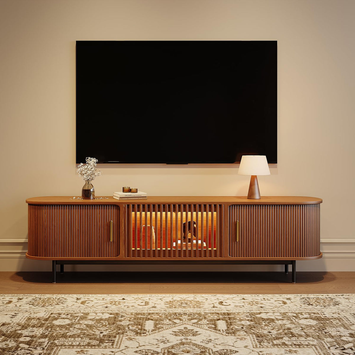 POVISON Fully-Assembled Sliding Tambour Door TV Stand with LED Lights, Mid Century Modern TV Console, Wood Media Console, Entertainment Center with Storage Cabinet(Walnut, 78.74")