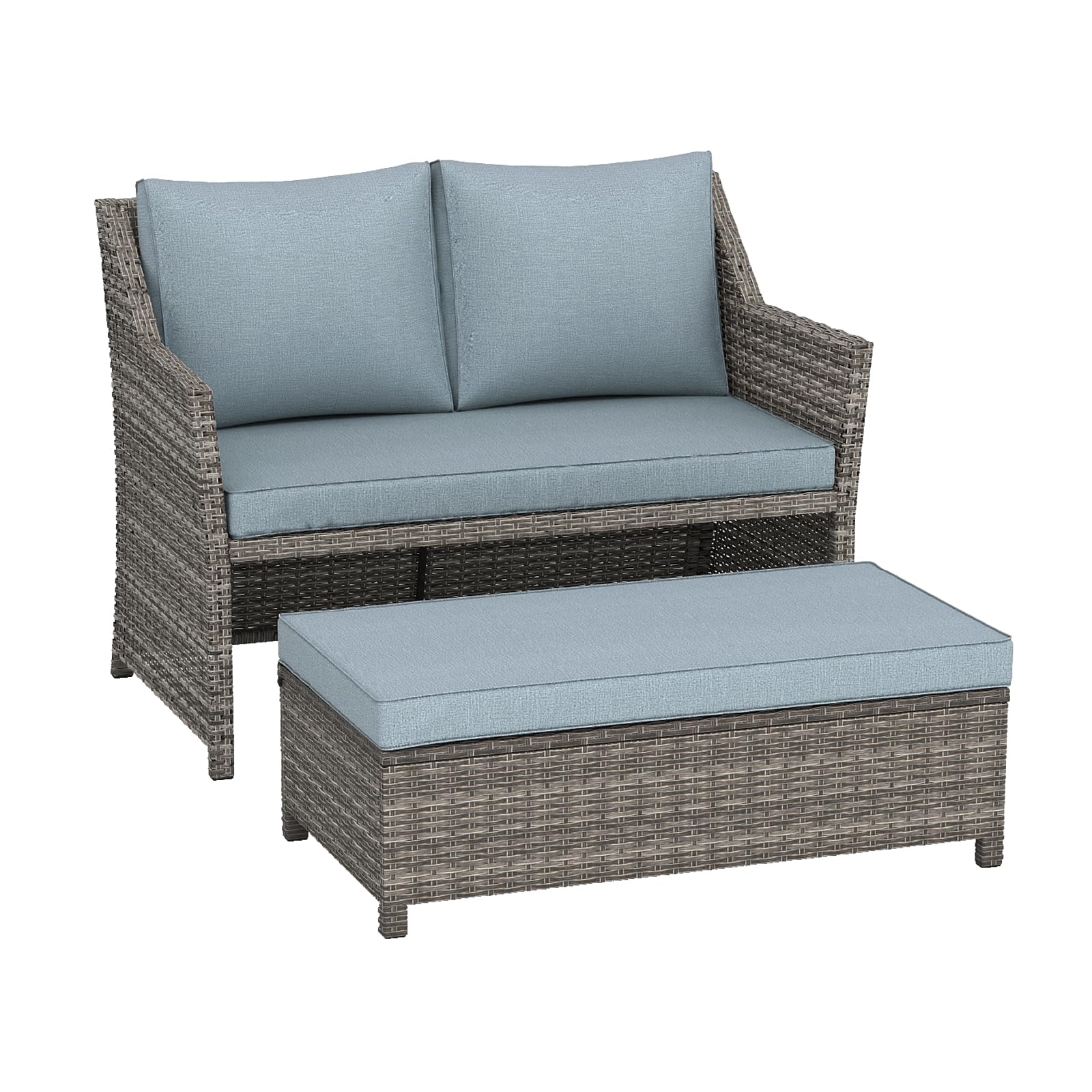 2-Piece Outdoor Wicker Loveseat & Coffee Table Set with Storage