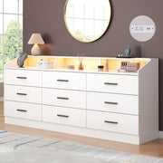 9 Drawer Dressers for Bedroom with Charging Station, Wooden Dresser Wide Dresser with Led Light, 63'' Long Dresser for Closet with Open Cubby, Modern White Bedroom Dresser Triple Wide Chest of Drawers