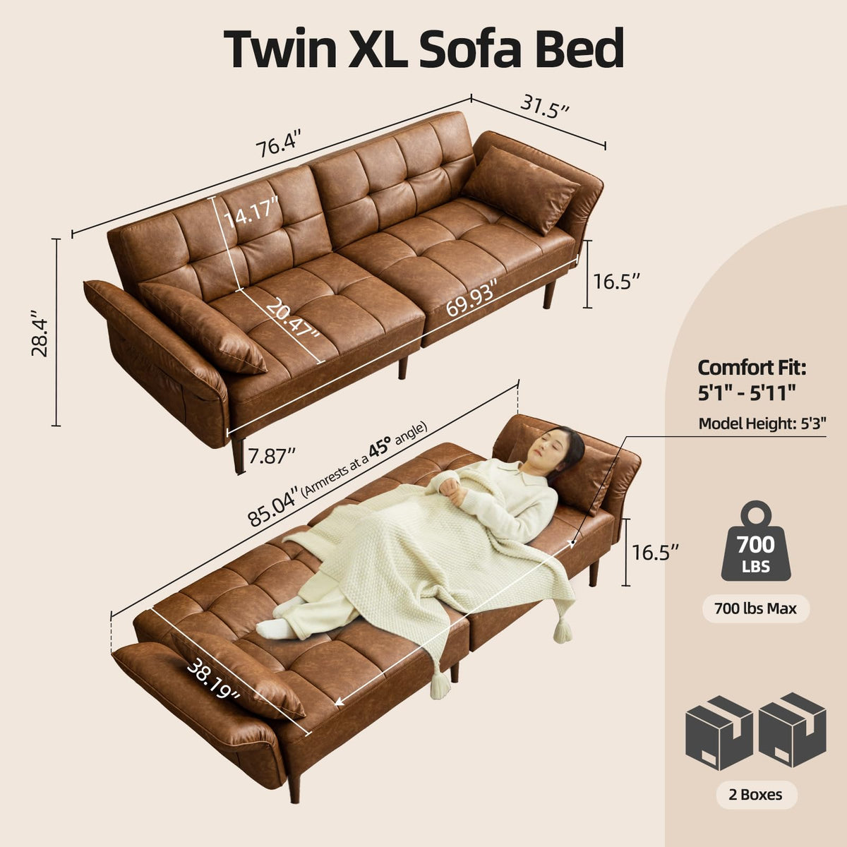 HALLYBEE 85" Futon Faux Leather Couch with Adjustable Armrests Brown