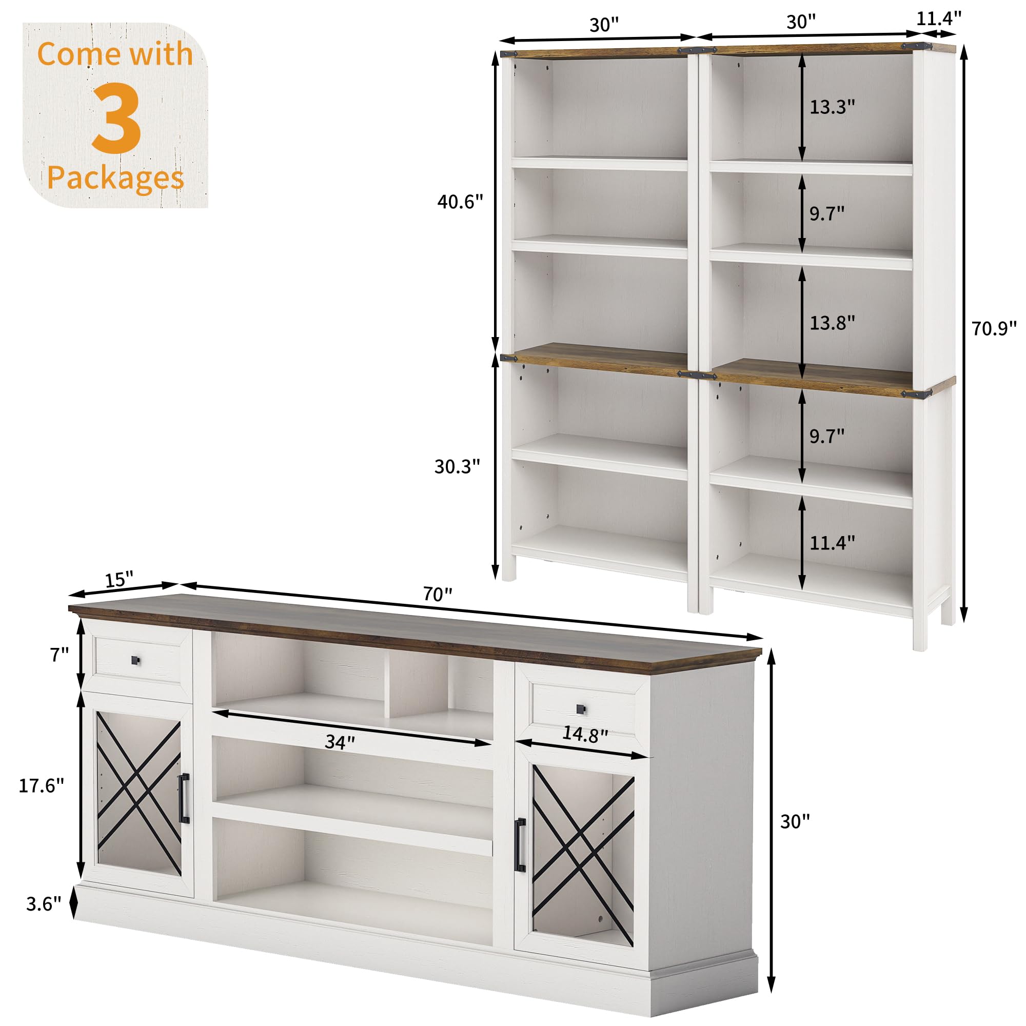 ENOUSHU 3 Pieces Living Room Furniture Sets, 70" TV Stand with LED Lights, Doors and Drawers, 71" Tall Bookcase Set of 2 with Open Display Shelf, Farmhouse Style, Wooden (Antique White)