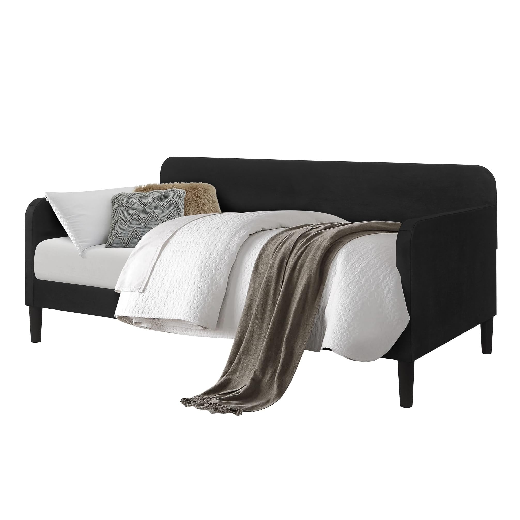HOME DESIGN Savannah Twin Daybed, Velvet Upholstery, Clean Lines, Rounded Track Arms, Slim Wooden Feet, Full Slat System, Black