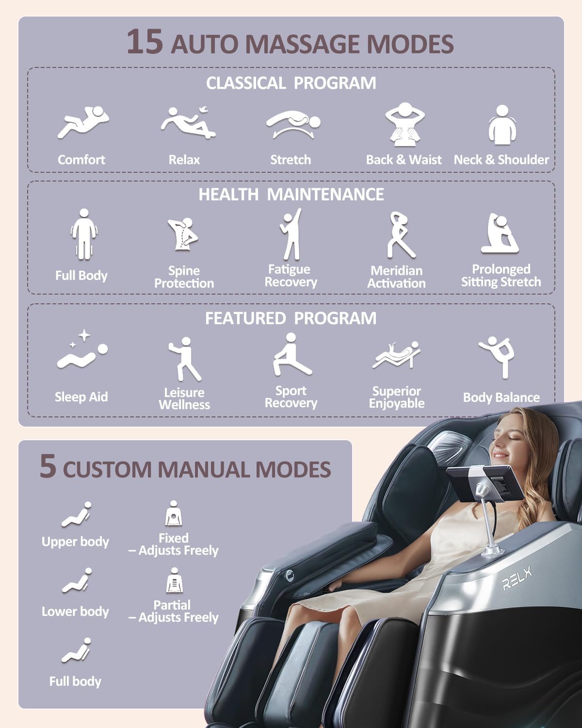 RELX 2026 Massage Chair Full Body, 20 Modes Zero Gravity SL-Track Shiatsu Massage Chair Built-in Heat System, Airbag Massage with Body Scan, Deep Yoga Stretch, Calfrest Extension and AI Control(Black)