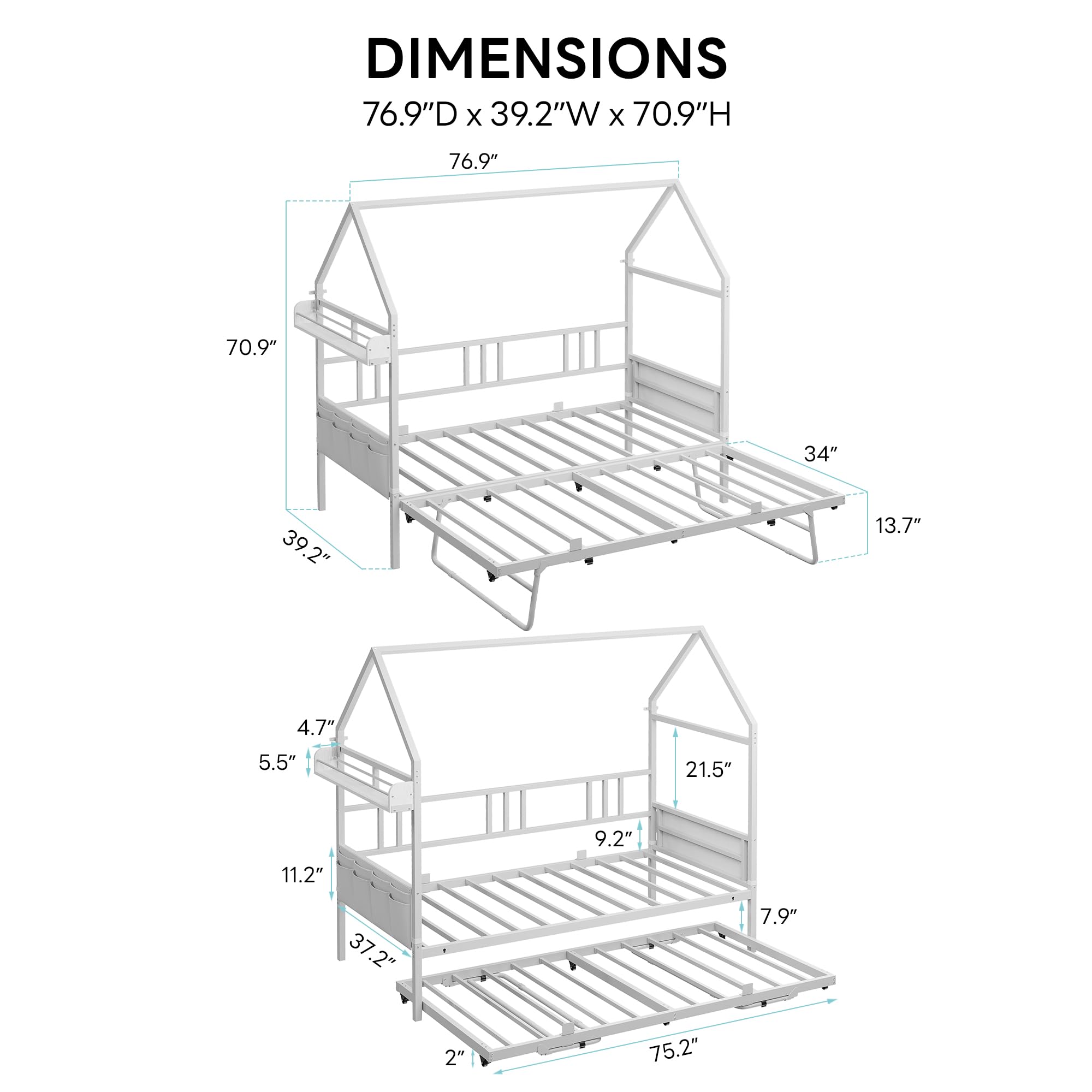 LIKIMIO Daybed with Trundle, House Bunk Twin Bed Frame with Storage,Day Sofa Bed for Living Room, Bedroom and Guest Room,White
