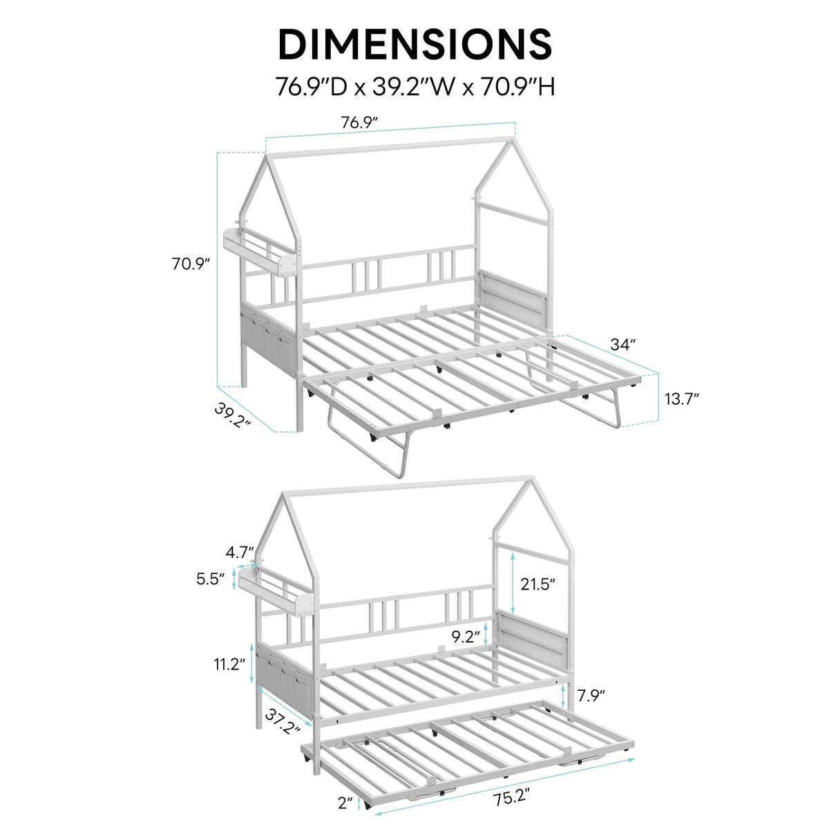 LIKIMIO Daybed with Trundle, House Shaped Twin Bed Frame,White