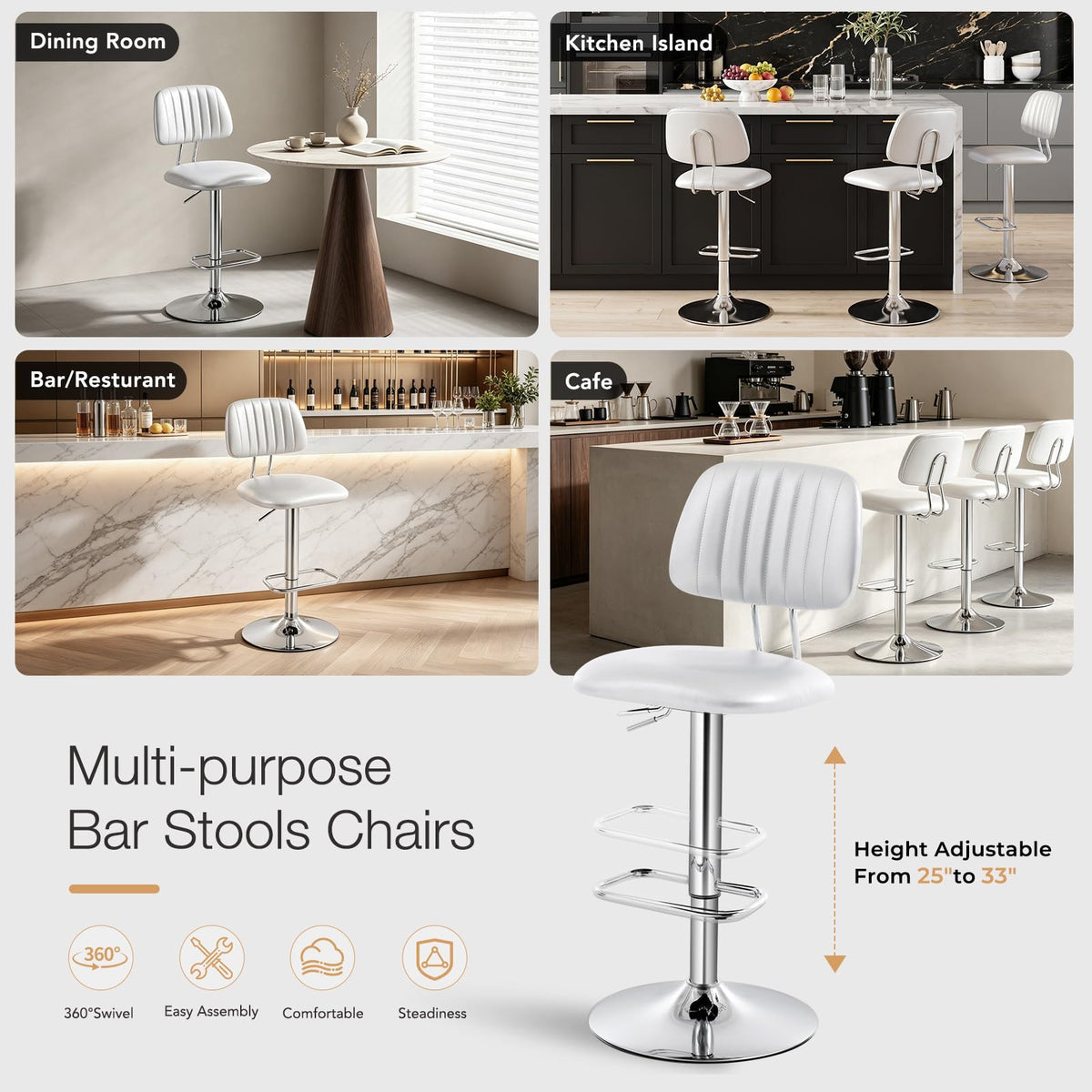 shipborne Bar Stools Set of 2, Swivel Barstools, Modern Bar Chairs, Silver