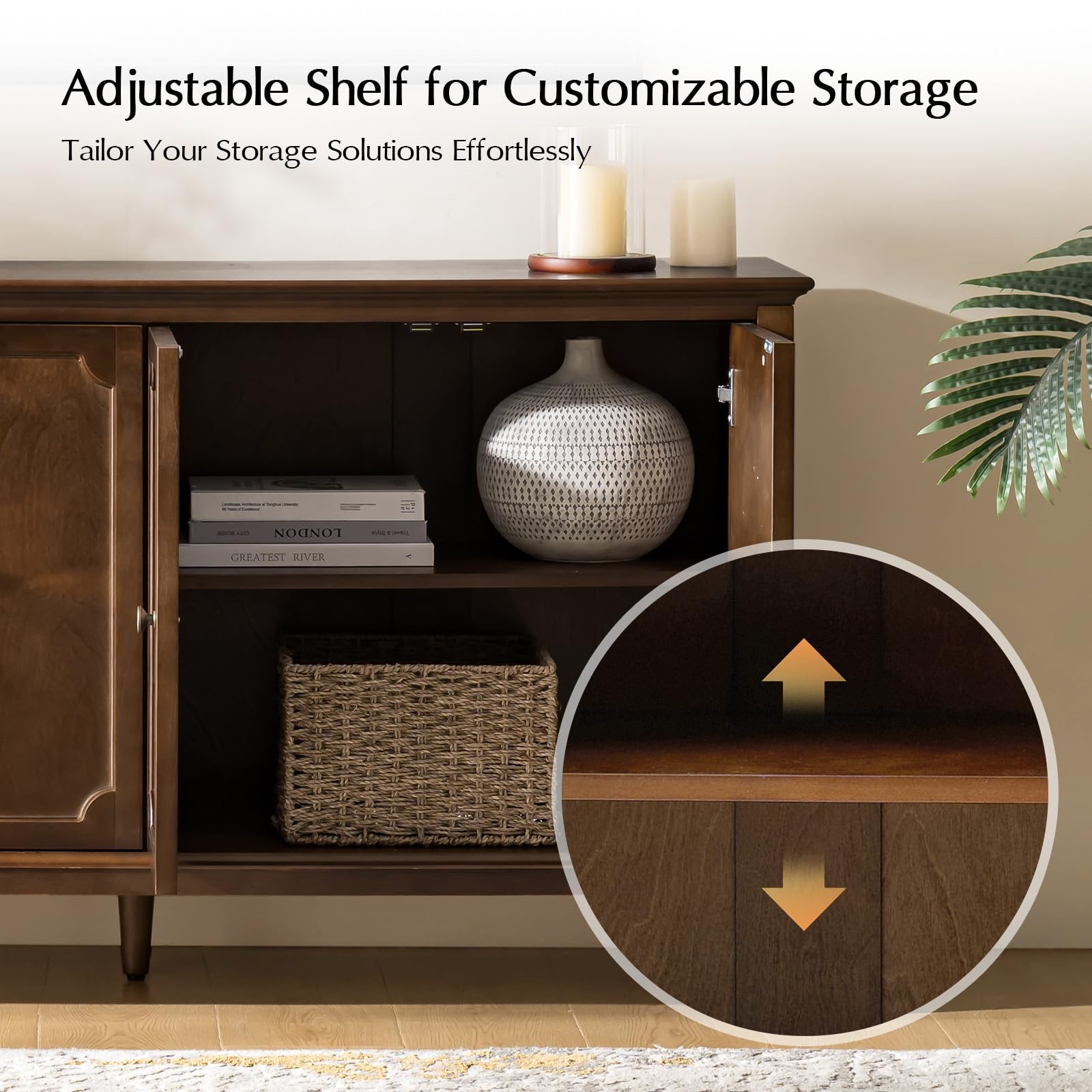 HULALA HOME Mid-Century Modern Sideboard Cabinet, 4-Door Storage Buffet, 58" W x 15.75" D x 32.2" H, Adjustable Shelves, Solid Rubberwood Legs(Walnut)