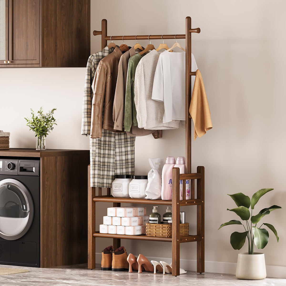 Solid Wood Clothing Rack with Shelves - Coat Rack Freestanding with 6 Hooks Load 450 Lbs, 3-in-1 Hall Tree for Hanging Clothes, Tall Garment Racks with Storage for Bedroom, Entryway, Living Room