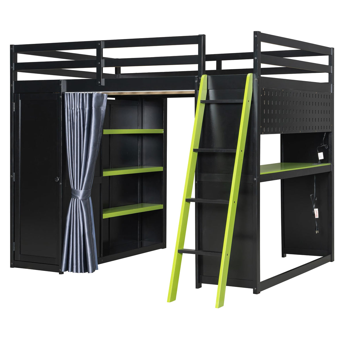 Merax Full Size Loft Bed with Desk and 6 Storage Shelves, Wardrobe, Blackout Curtain, Sturdy Wood Gaming Loft Bunk Bed Frame with USB Port & RGB Lights, No Box Spring Need, Space-Saving, Black+Green