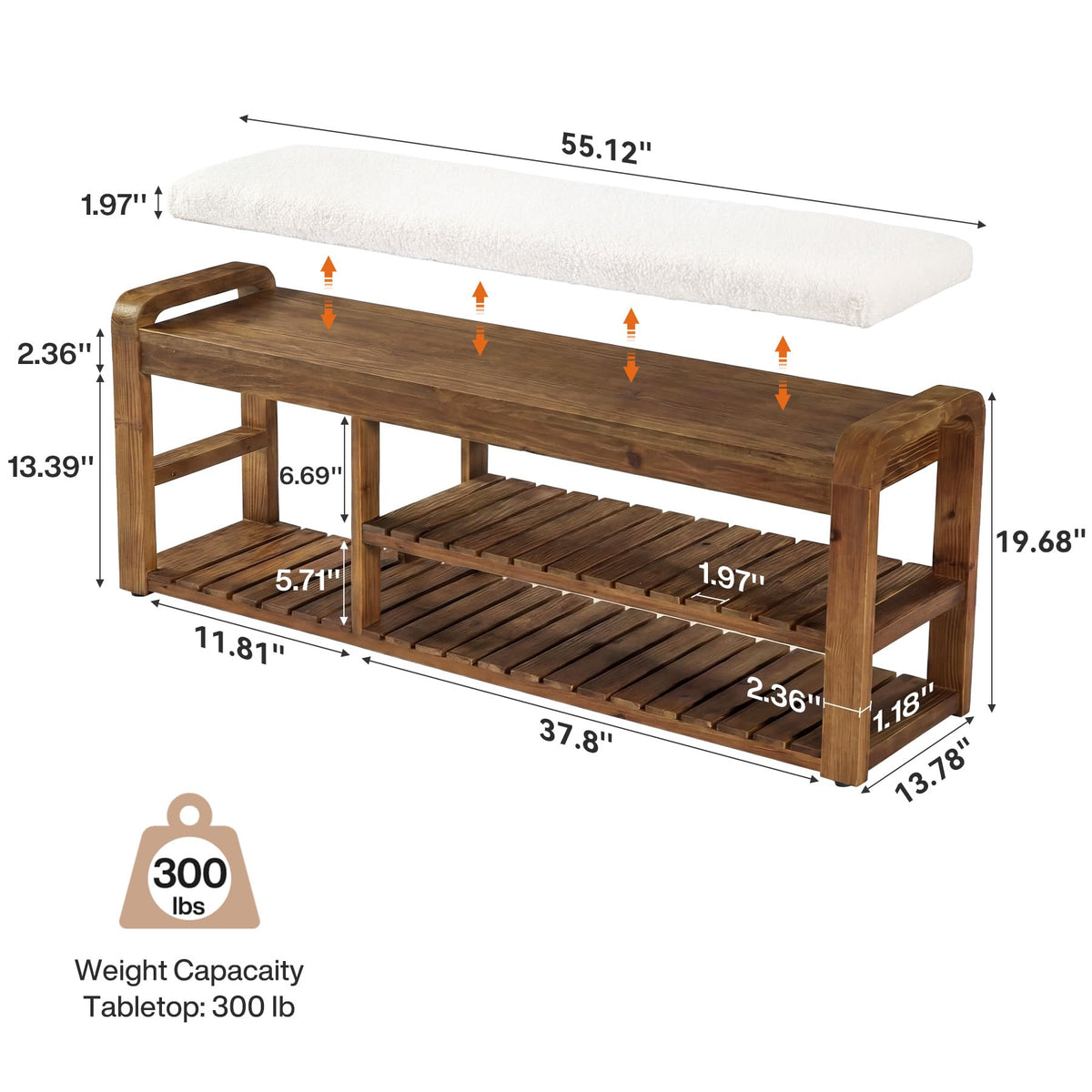 Solid Wood Shoe Storage Bench with Cushion
