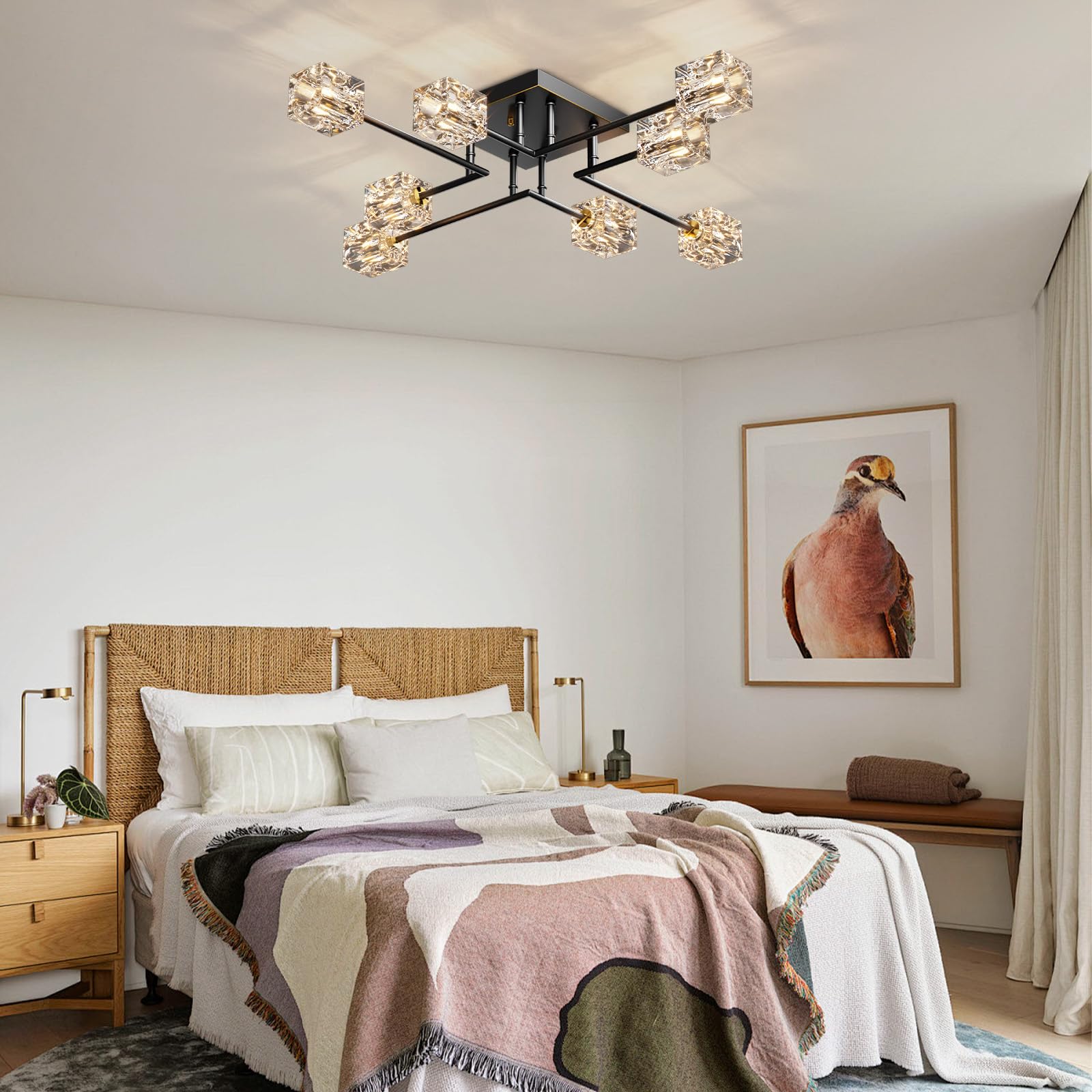 Modern Sputnik Crystal Semi Flush Mount Ceiling Light, 8-Light Black and Gold Crystal Ceiling Fixture for Dining Room, Living Room, Kitchen Island, Bedroom，Entryway