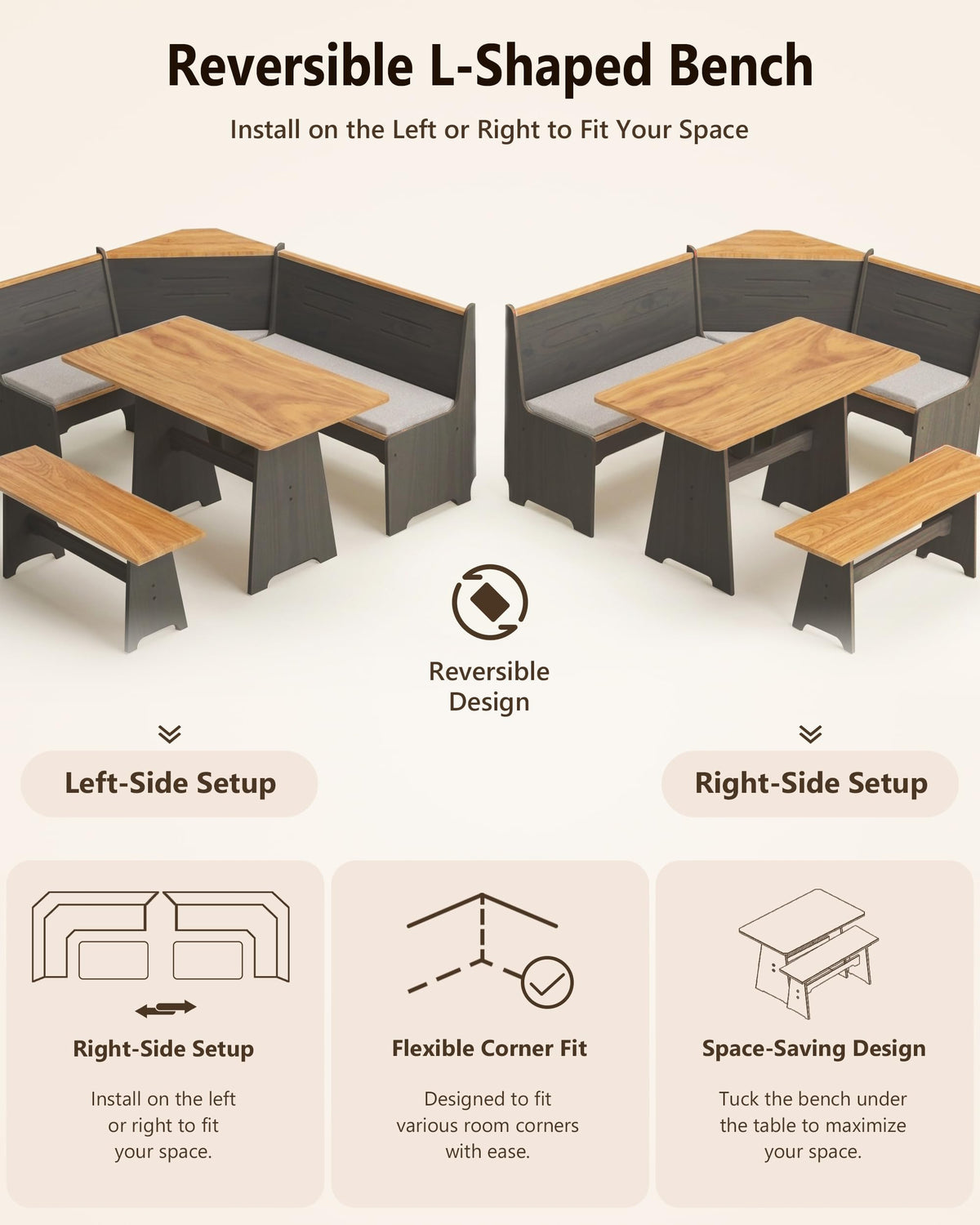 Kitchen Breakfast Nook Table Set - Corner Dining Table Set with Cushion