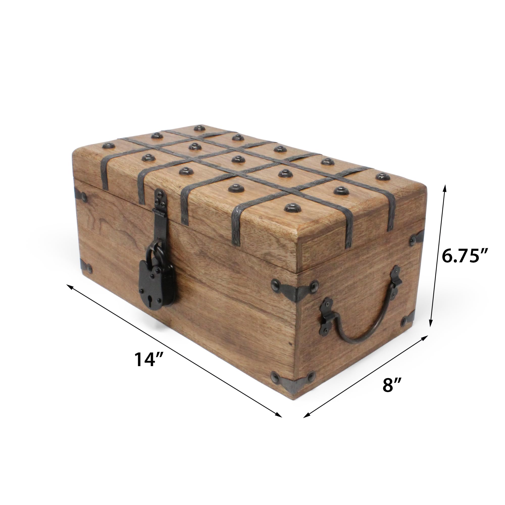 Nautical Cove Treasure Chest Wooden Box with Antique Iron Lock and Skeleton Key (Large 14.5x8x6.75) - Storage and Decor – Pirate Wooden Treasure Chest, Decorative Box with Hinged Lid,