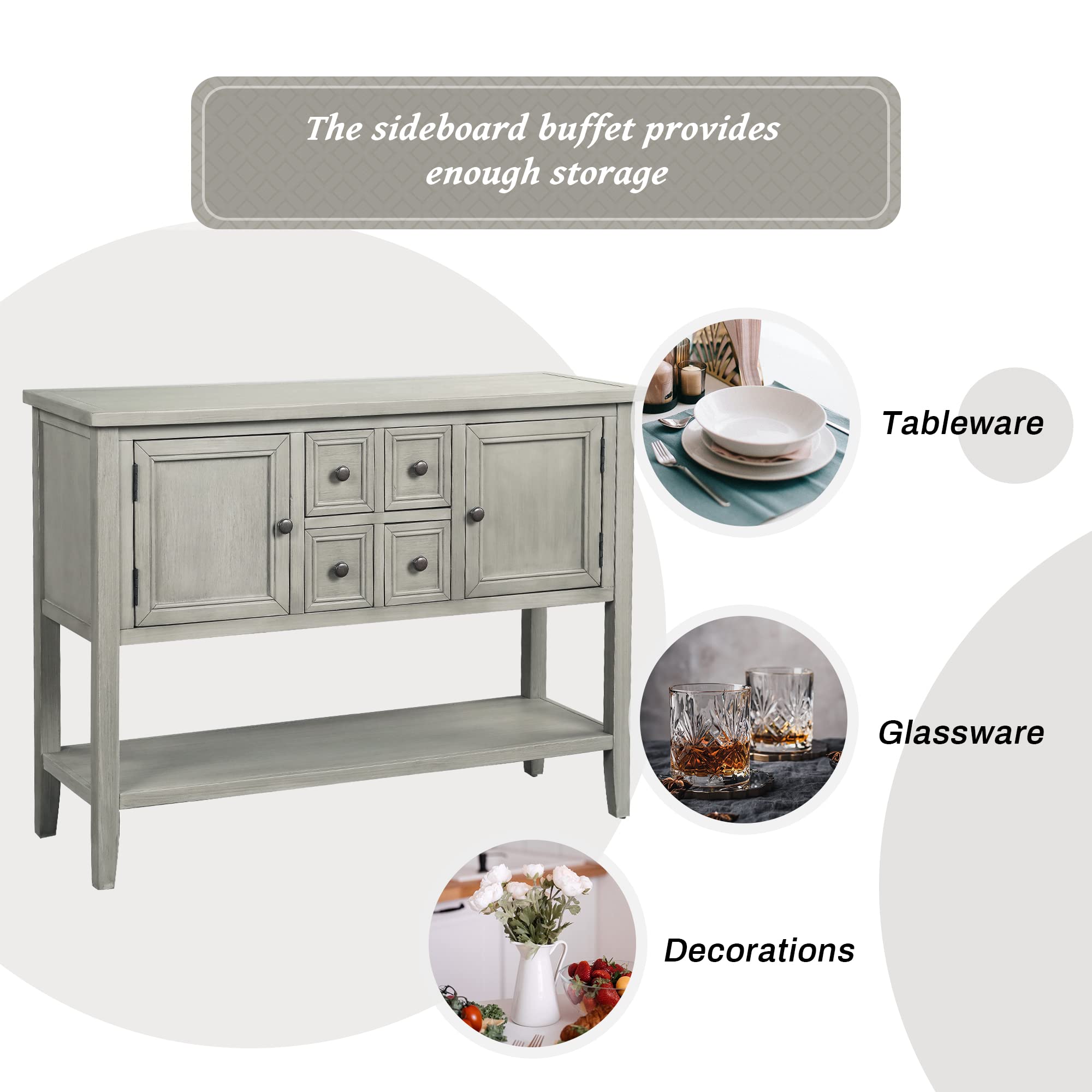 Merax Modern Wood Buffet Table with Storage Shelf, 2 Drawers and 2 Cabinets Buffet Coffee Bar Cabinet for Living Room Dinning Room Kitchen (Antique Gray)