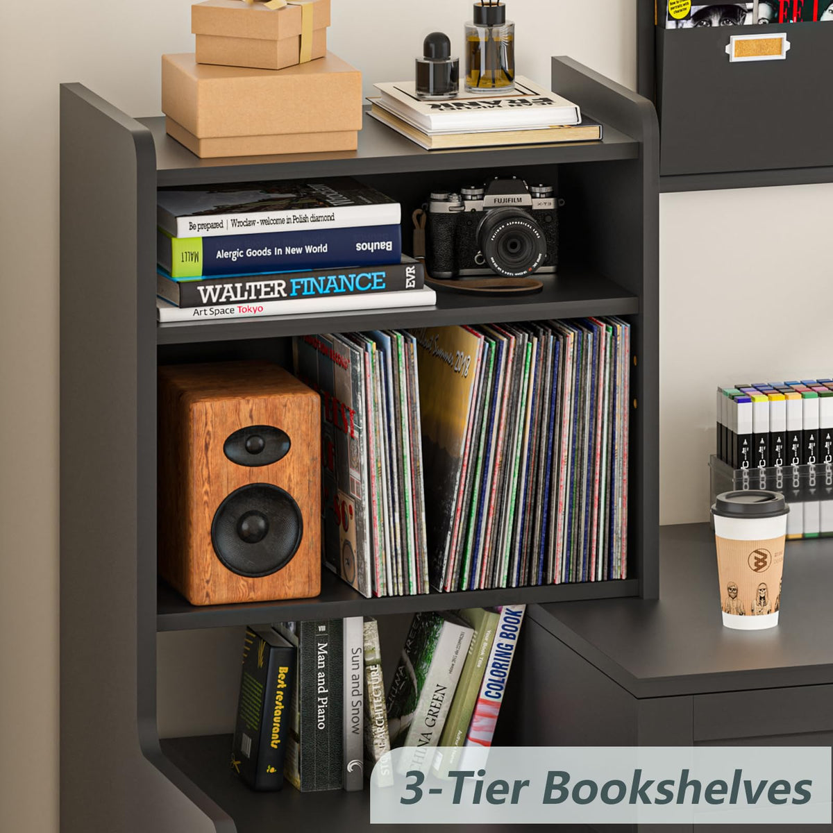 60" Computer Desk with Drawers & Bookshelves for Bedroom, Home Office