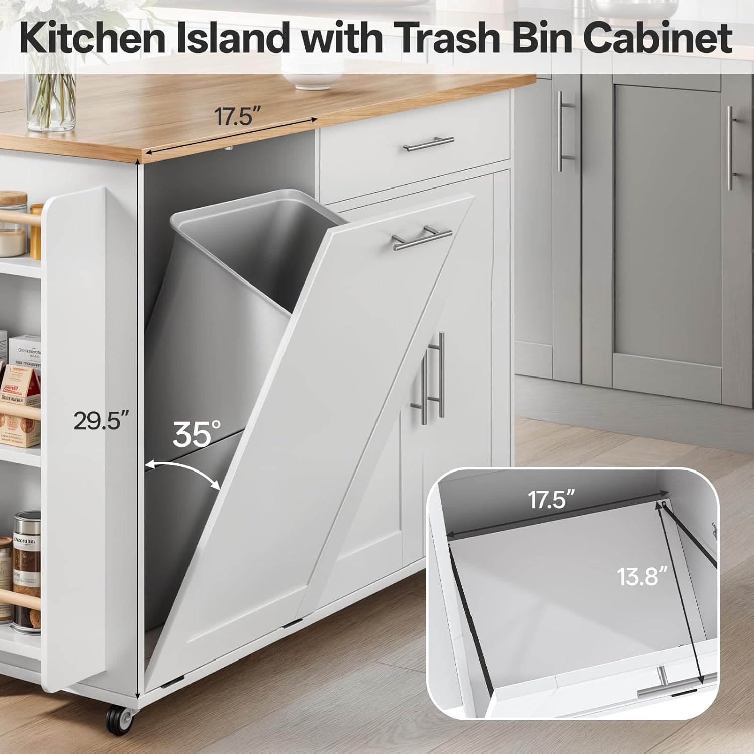 LotaTools 53.9" Rolling Kitchen Island Cart with Drop Leaf & Storage - Mobile Kitchen Organizer with Wheels, Rubberwood Top, Trash Bin Cabinet & Towel Rack, White Farmhouse Style for Small Spaces