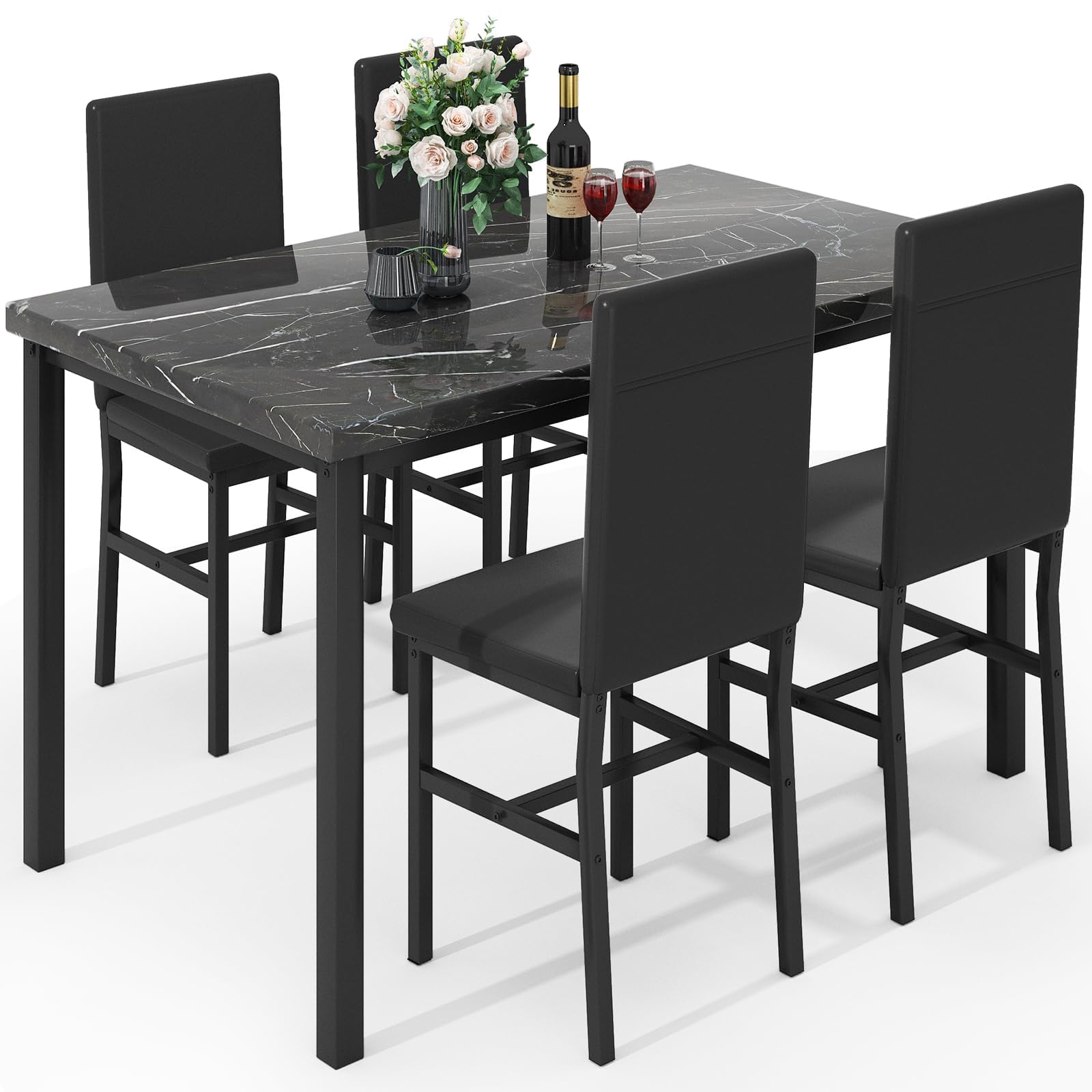 5-Piece Faux Marble Dining Table Set with PU Leather Chairs