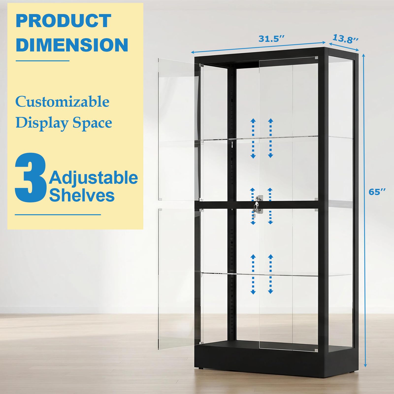 4-Tier Glass Display Cabinet with LED Lighting & Lock